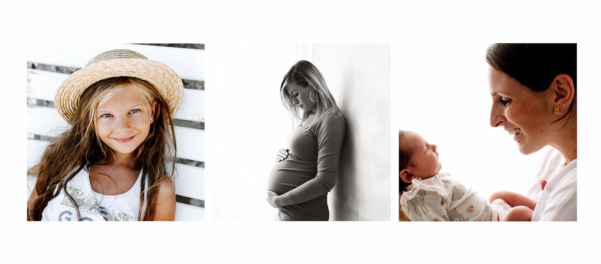 Kolaż fotografii rodzinnej Anny Janowskiej: portret dziewczynki w kapeluszu, czarno-biała sesja ciążowa oraz uśmiechnięta mama z noworodkiem. Kompleksowa oferta fotografii dziecięcej i rodzinnej w Krakowie.
